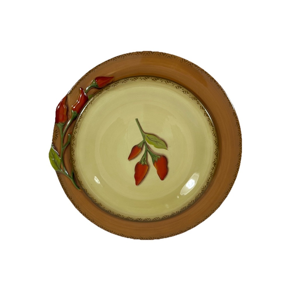 Clay Art Serrano Dinner Salad Plate Set Red Chili Peppers Hand Painted Stonelite